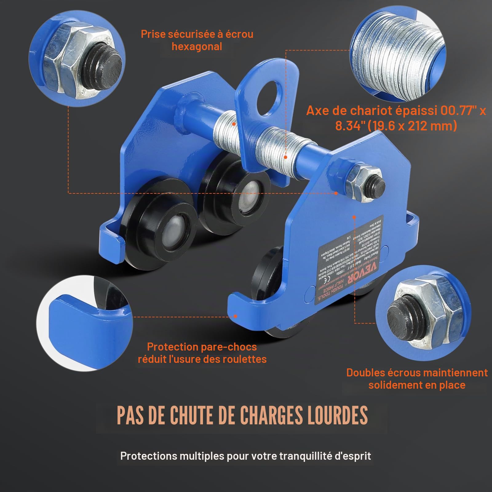VEVOR Chariot Porte-palan Manuel, Charge 0,5 Tonne, Chariot à Poutre poussée 2 Roues, réglable pour Largeur Poutre I 63,5-139,7 mm, palan de Garage en Acier allié pour Poutre en I Droite et incurvée