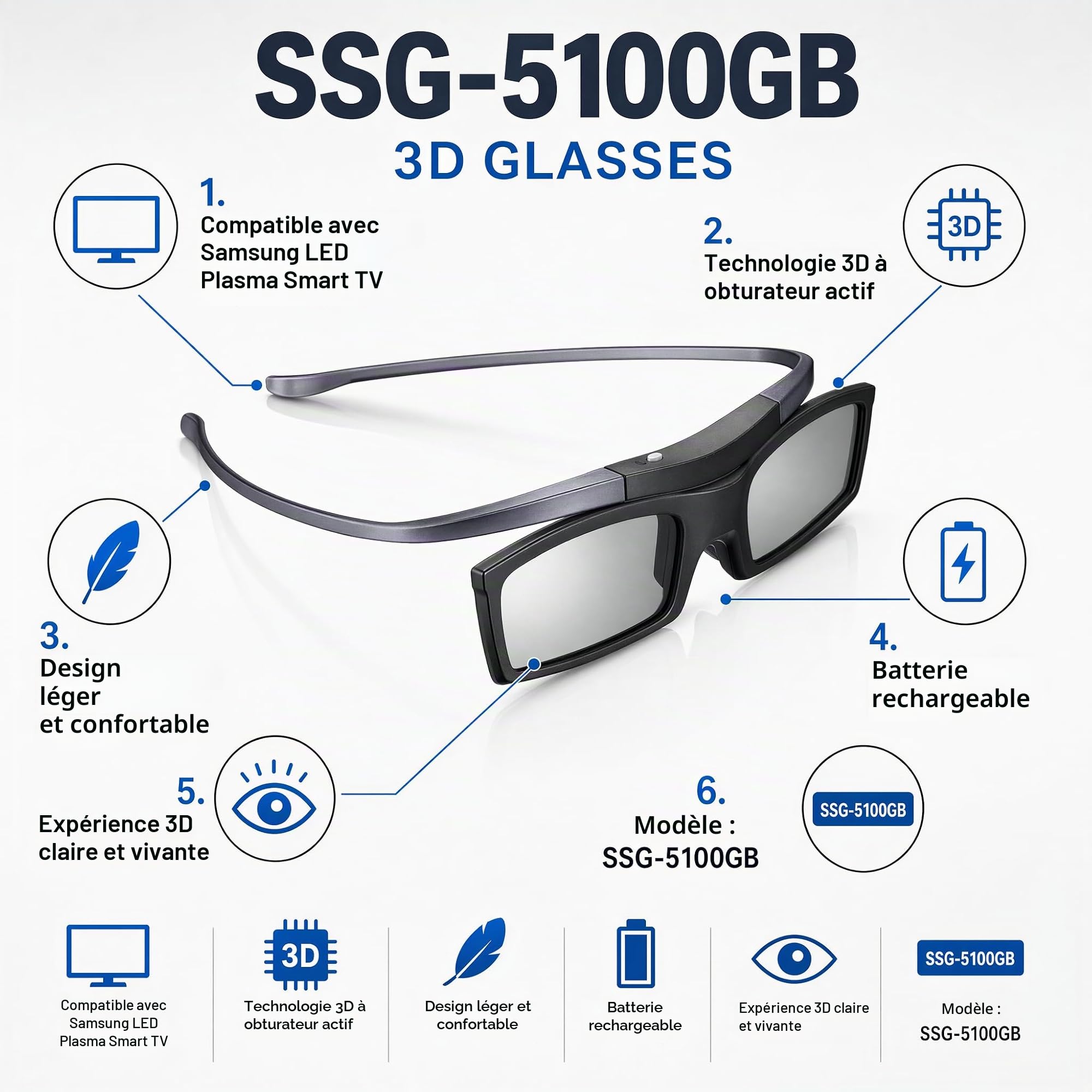 Nouvelles SSG-5100GB Lunettes 3D à obturateur Actif compatibles avec Les téléviseurs 3D Samsung SSG-4100GB