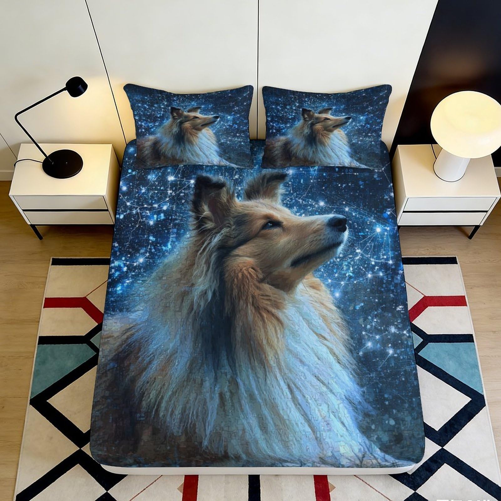 3D Printed Starry Dog Fitted Sheet Microfiber Deep Pocket Non-Slip Bedroom Bedding Dog Mattress Fitted Cover Adult Teen 200x200x25cm