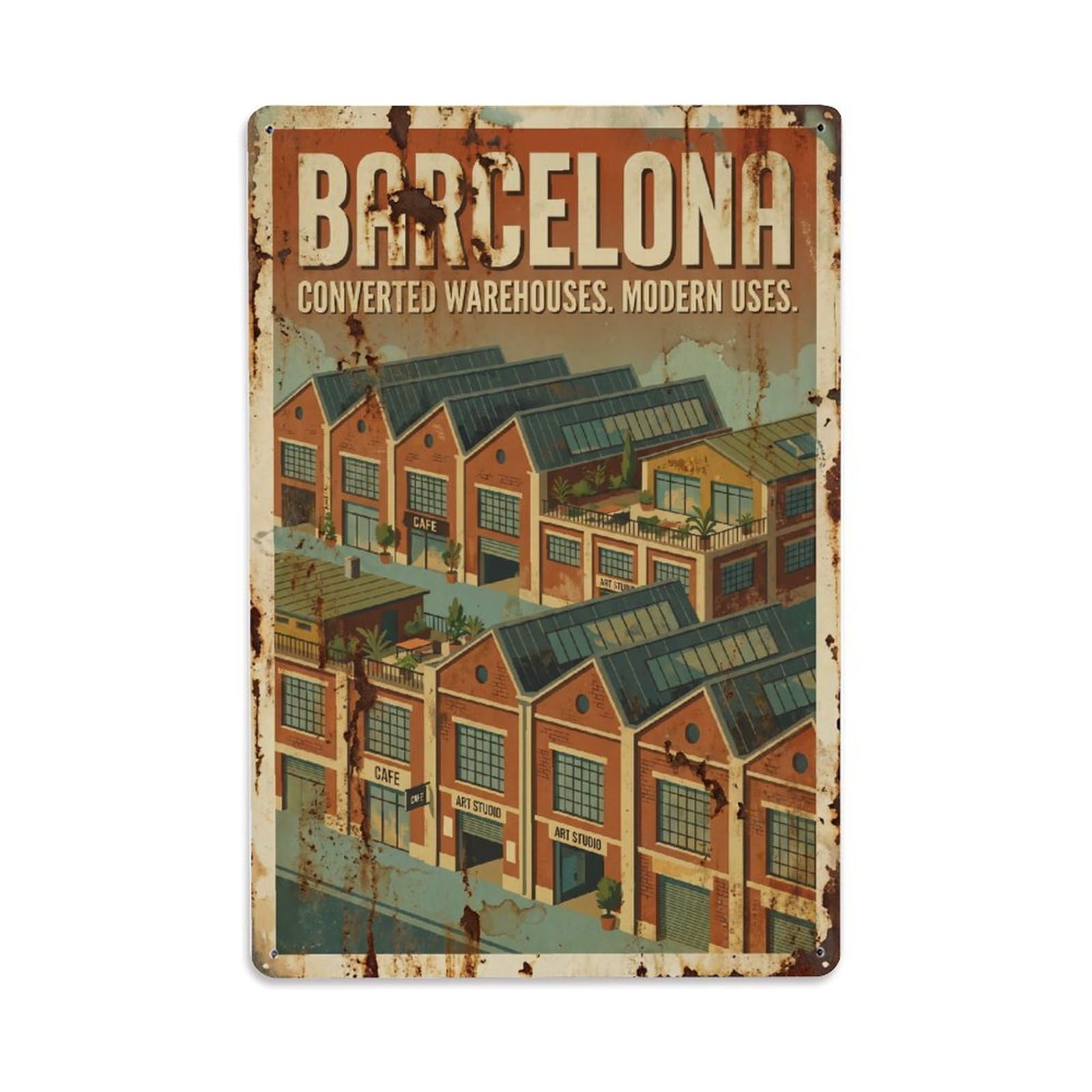 Vintage Travel Warehouses Spain Converted Metal Tin Sign Plaque Wall Decor for Cafe, Club Bar, Office, Home Garden Metal Poster 8x12Inch