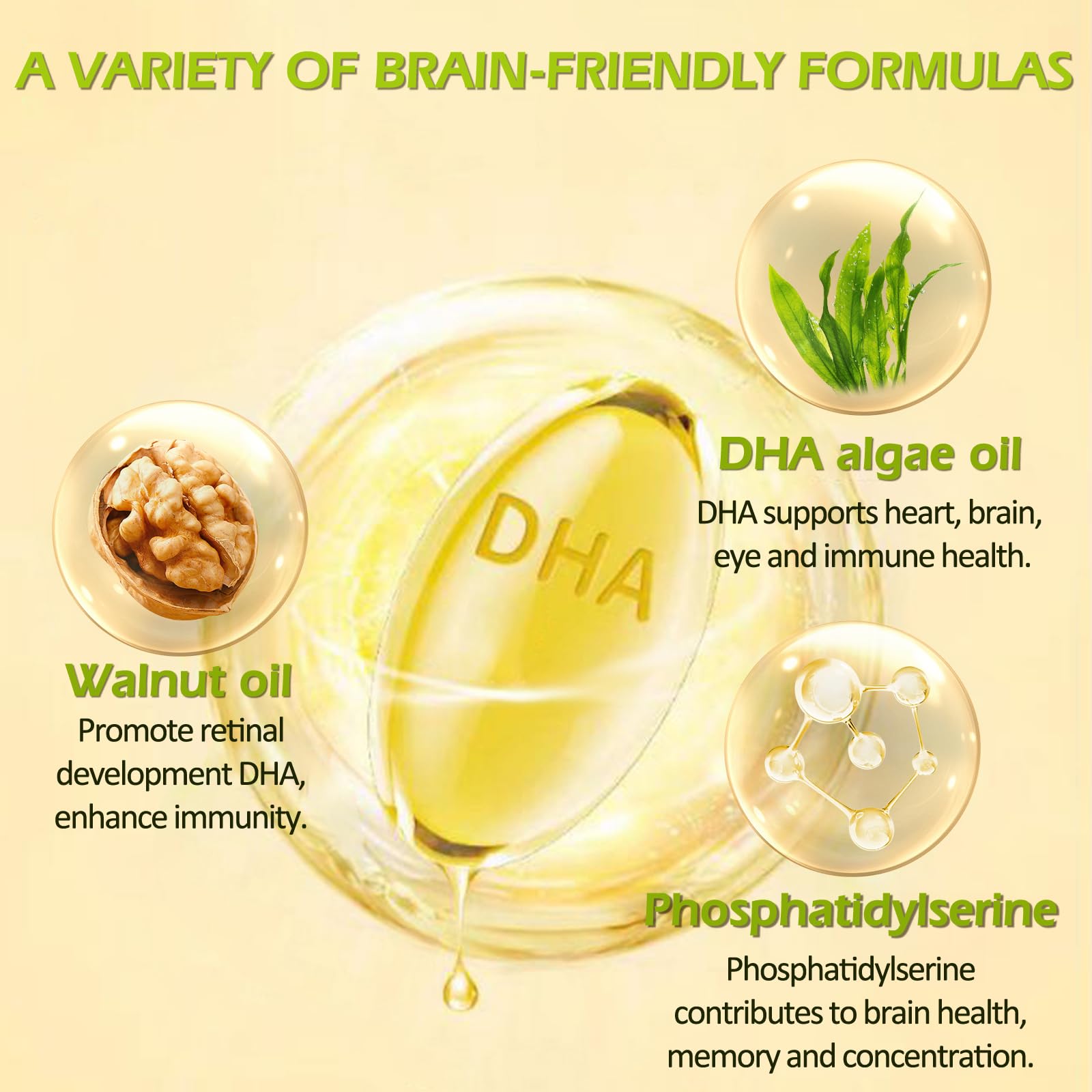 OMOGS Algae DHA - 600 mg Omega-3 DHA Softgels, with Phosphatidylserine & Walnut Oil, Supports Healthy Brain Function, Vision, Eye & Memory, Gluten Free, Non-GMO, 90 Softgels — Amazon image 3