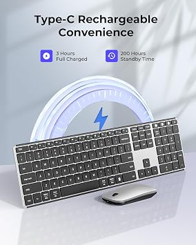 seenda Wireless Bluetooth Keyboard and Mouse Combo, SKM64-3 Rechargeable Slim Quiet Keyboard Mouse, 3 Multi-Device Connection, Compatible for Windows 11/10 PC Laptop Mac MacBook iPad, Black Silver
