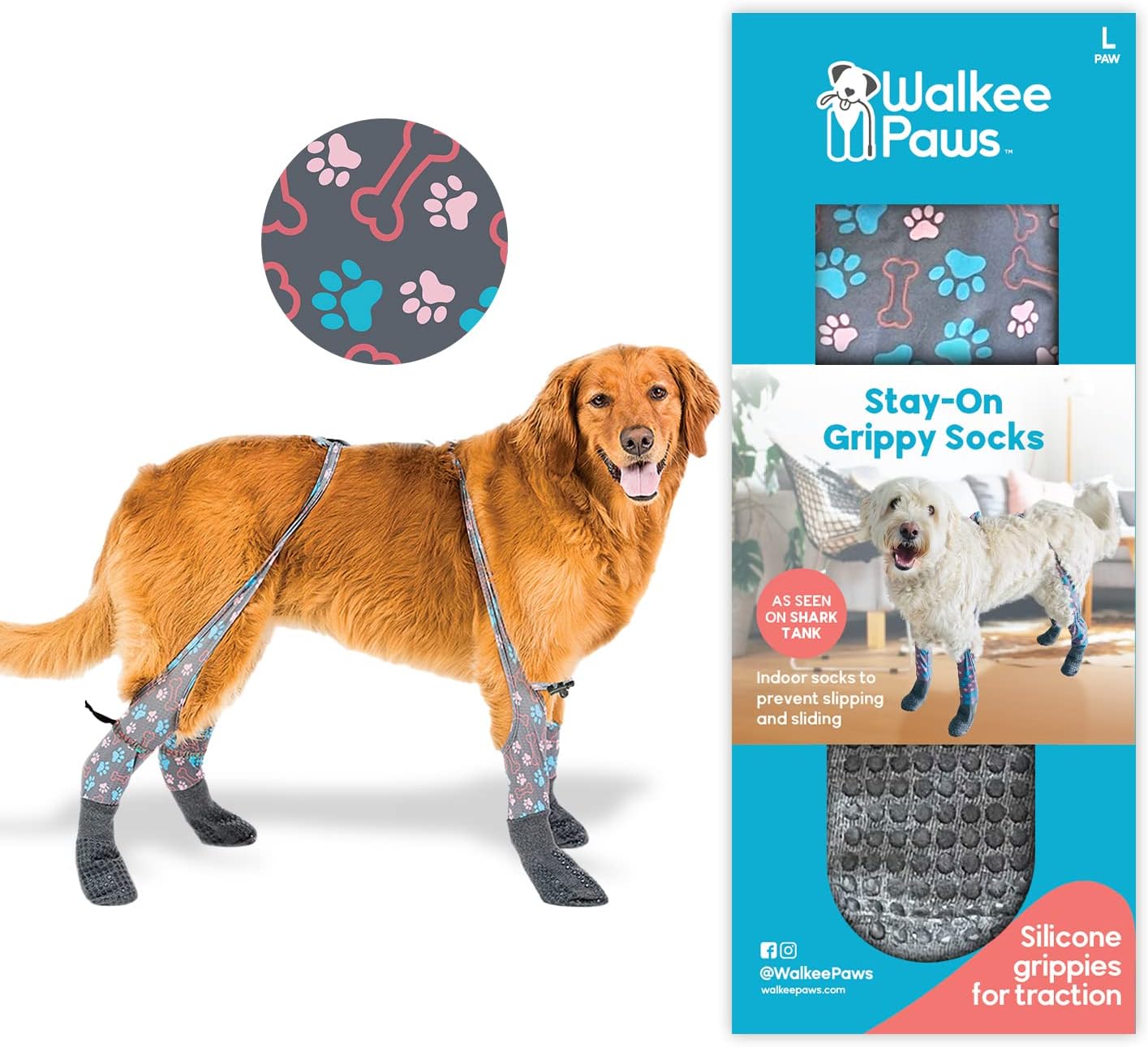 WALKEE PAWS Stay-on, Non-Slip Dog Socks to Prevent Licking Paws and Slipping on Hardwood Floors. Seen on Shark Tank, Never Lose a Dog Sock Again (Large) Grippy Socks with All Around Grip