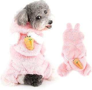 Ranphy Fleece Dog Hoodie for Small Dog Warm Pet Pajamas with Bunny Hood Puppy Pyjamas with Carrot Crossbody Bag Autumn Winter Pjs Super Soft Pullover Chihuahua Yorkie Cat Costume Pink XL