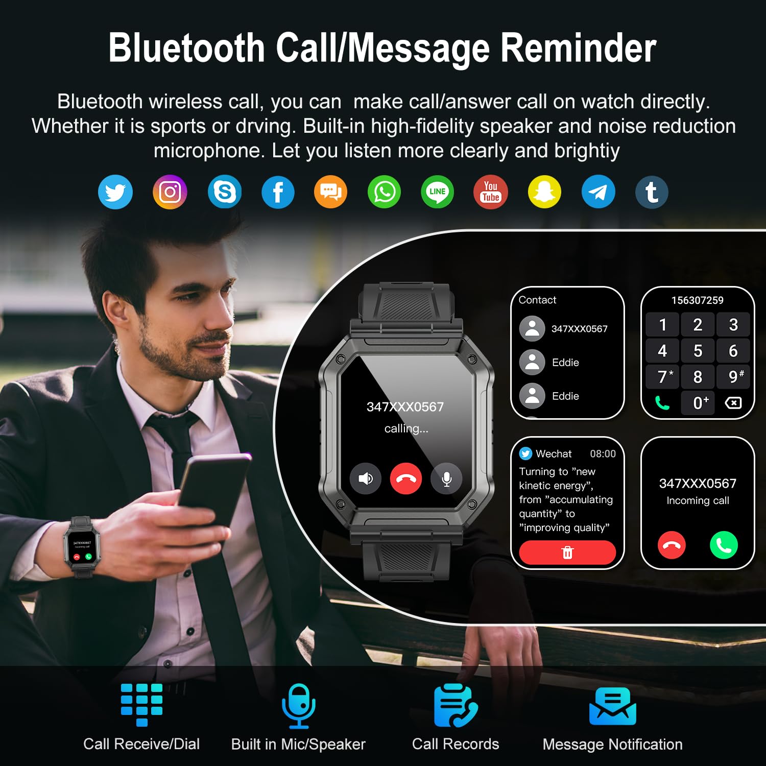 Smart Watch for Men Fitness Tracker: Military Digital Mens Watches Bluetooth Make Answer Call Running Waterproof Smartwatch Android Phones iPhone Samsung Compatible Heart Rate Monitor Step Pedometer