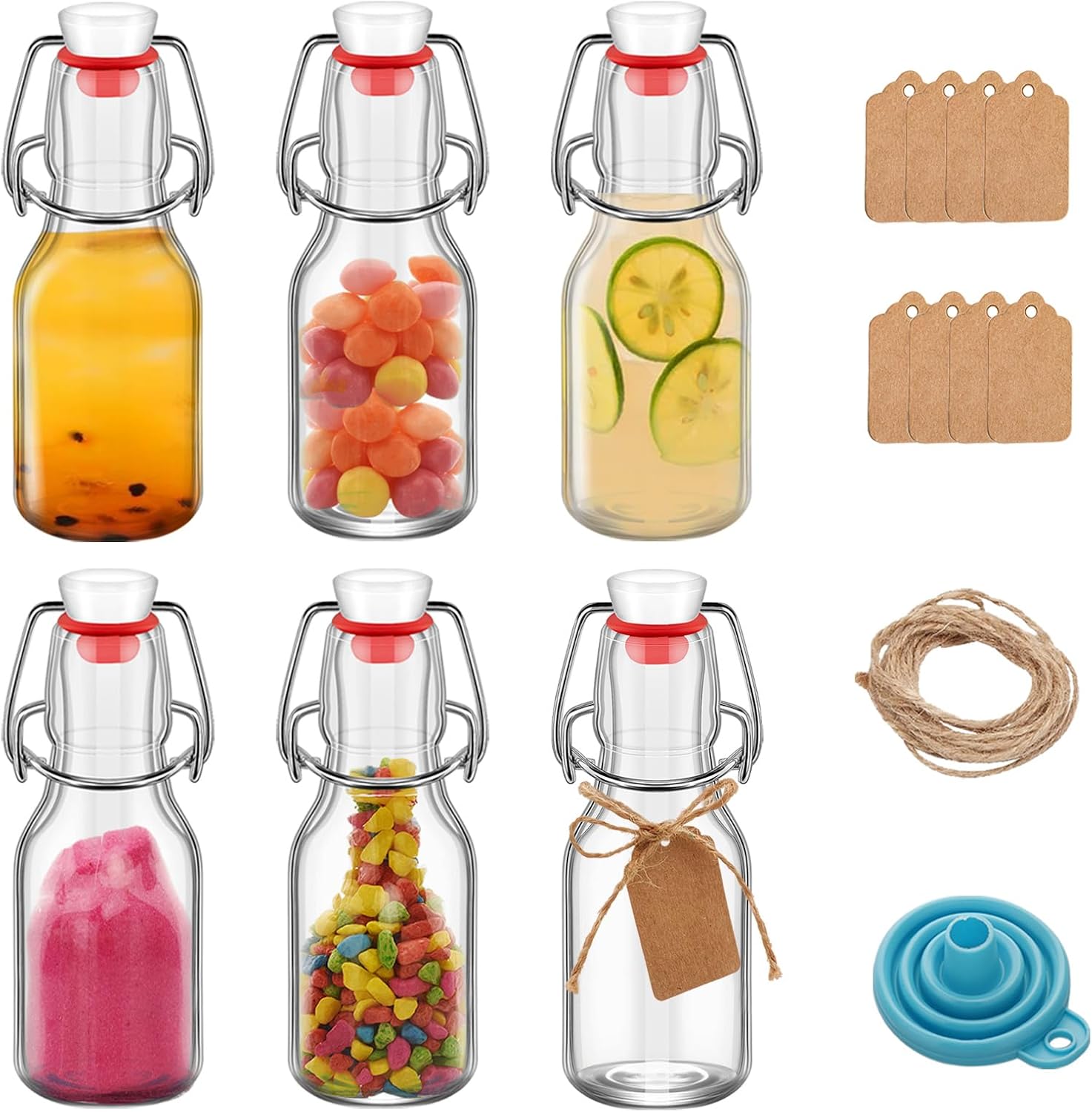 6Pcs Flip Top Glass 4 oz with Caps Beer Bottles Clear Swing Top Glass Bottles Vinegar Kombucha with Stoppers Airtight Lids for Wedding Themed Baby Shower (6, PC, Round, 4, ounces)