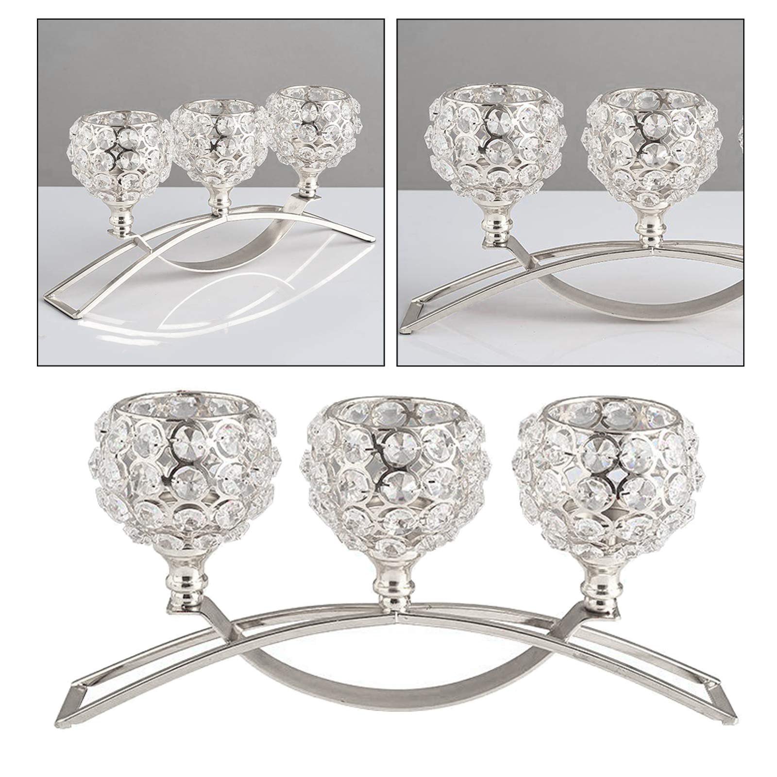 Portavelas de cristal de 3 brazos, centro de mesa, decoración de mesa de bufé de boda, plateado