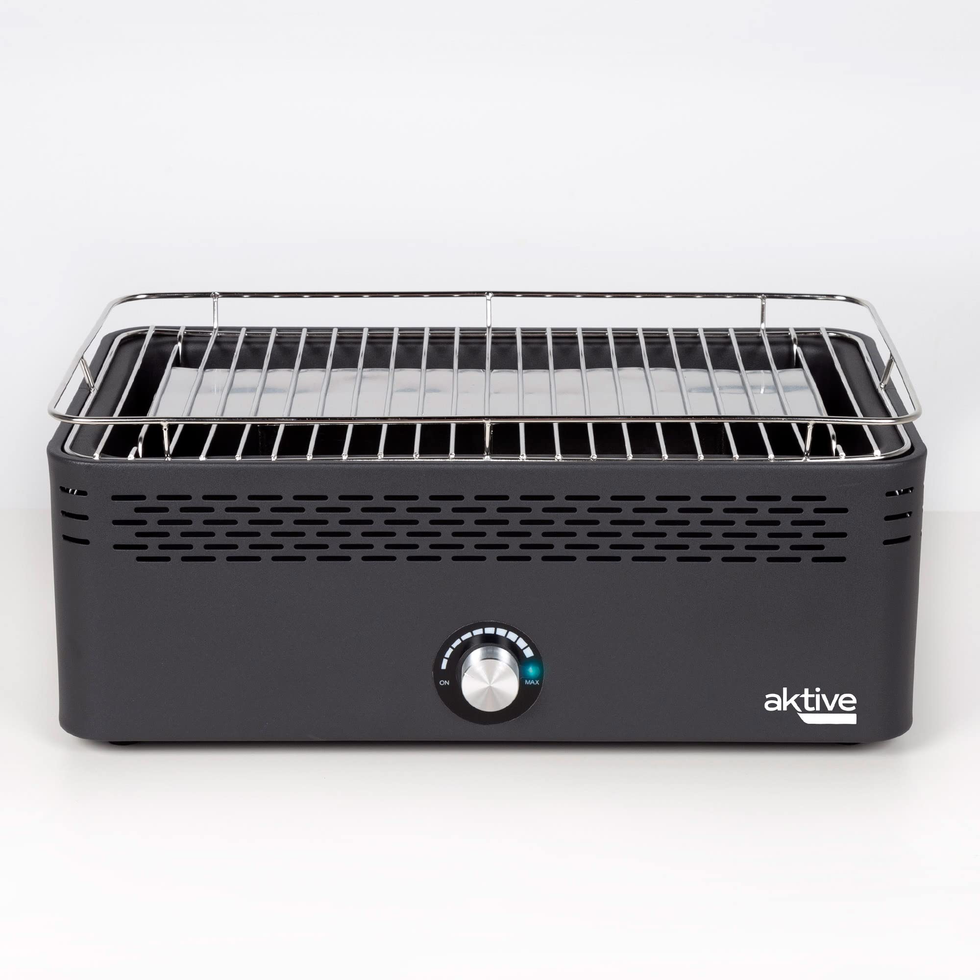 Aktive - Barbacoa Portátil a carbón recargable a pilas sin Humo Negra rectangular, Protección antigoteo, Medidas 45x28x19cm, Incluye bolsa de transporte, parrilla terraza, balcón (63004)