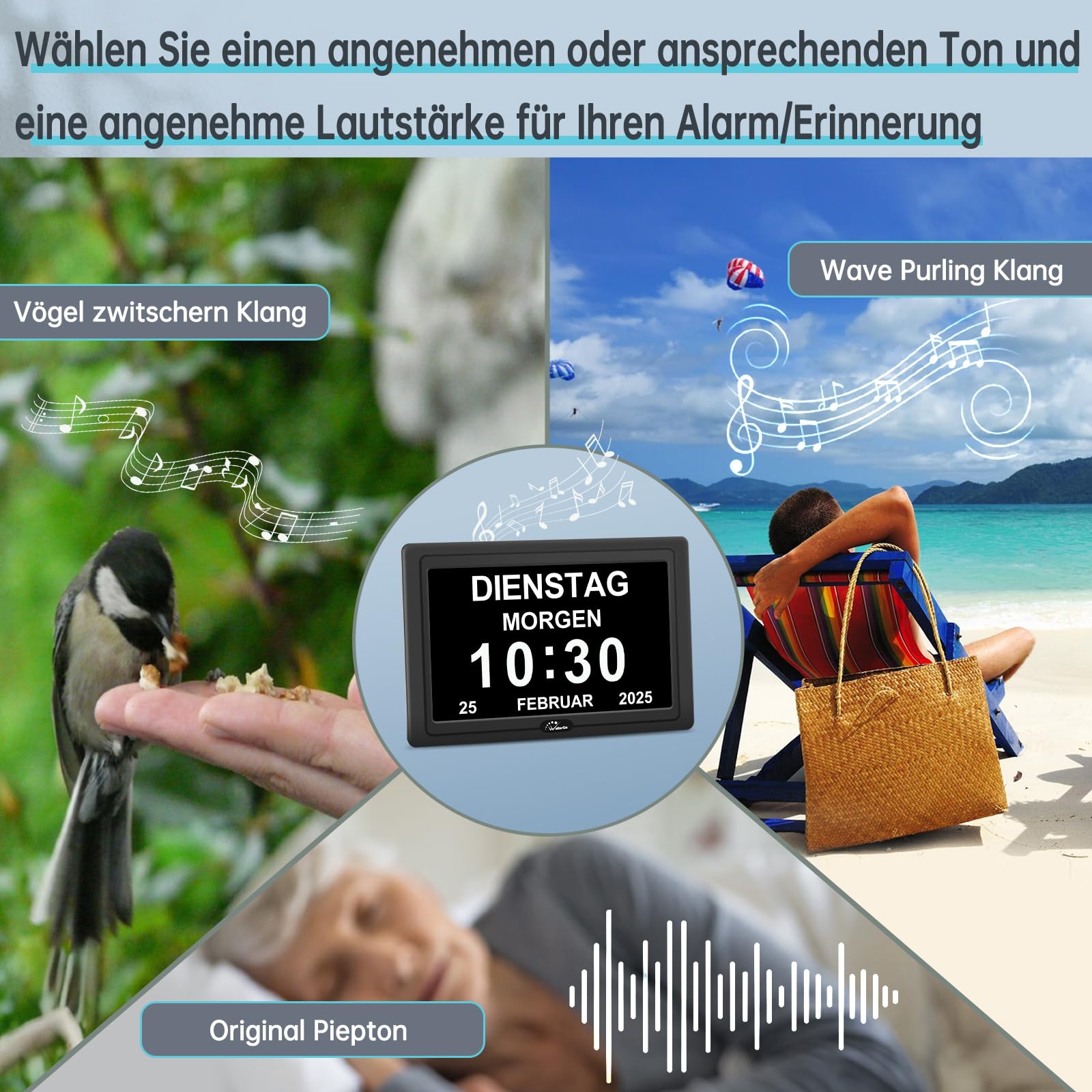 WallarGe Digitaler Demenz Uhr Großes Display für Senioren, Plug in elektrische Datum Tag der Woche Kalender Uhr 20 Erinnerungen 3 Klingeltöne 10 Stufen Lautstärke, Auto DST (7 Zoll,Schwarz)