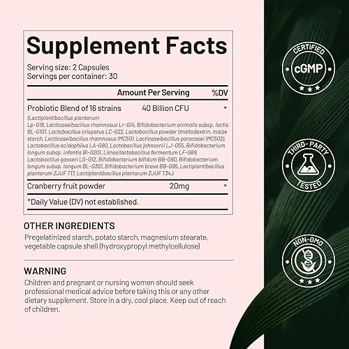 Miniatura 6 de Probióticos para mujeres, 16 cepas con polvo de arándano para apoyo a la salud digestiva, vaginal e inmunológica, 40 mil millones de UFC,