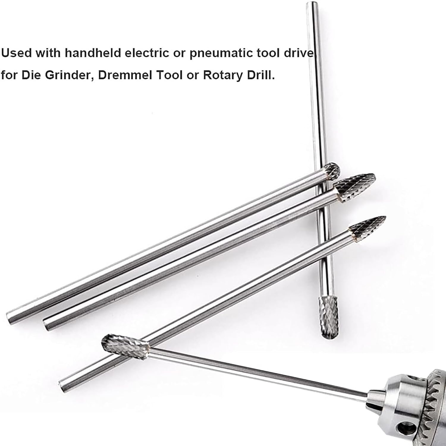 4pcs 6-Inch Carbide Rotary Burr Set 3 mm (0.125 inch) Shank Long Reach Double Cut Tungsten Carbide Rotary File Set Fits Rotary Tool for DIY Woodworking/Metal Carving/Polishing Engraving/Drilling