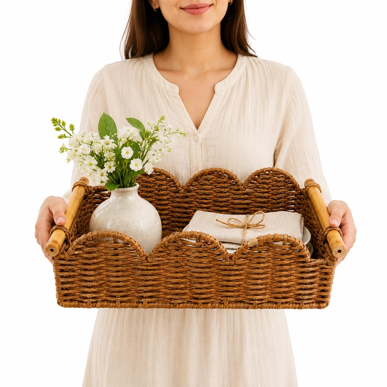 Z H IMPEX Handwoven Wicker Storage Basket with Bamboo Handles, Decorative Organizer Tray for Kitchen, Dining Table, Living Room, Bathroom, Gifting and Home Décor-image-35
