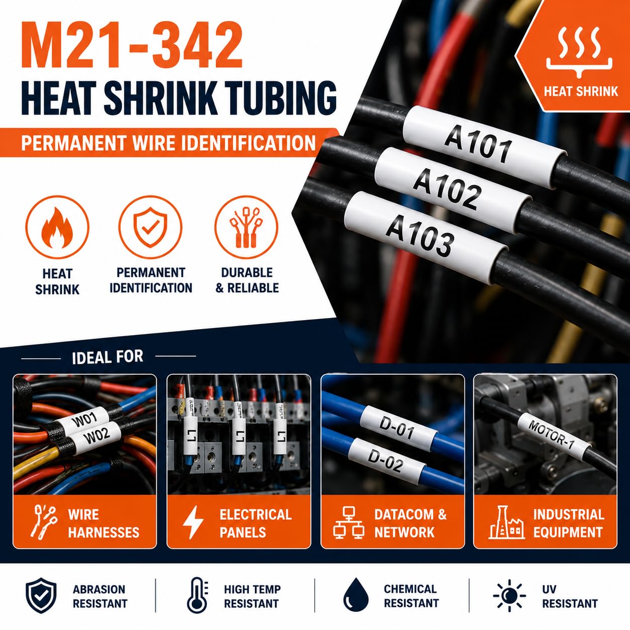 Taśma termokurczliwa kompatybilna z drukarkami M21-187-C-342, współpracuje z drukarkami M210, M210-LAB, M211, BMP21-PLUS, BMP21-LAB, czarny na białym, szerokość 0,8 cm, długość 6,8 cala