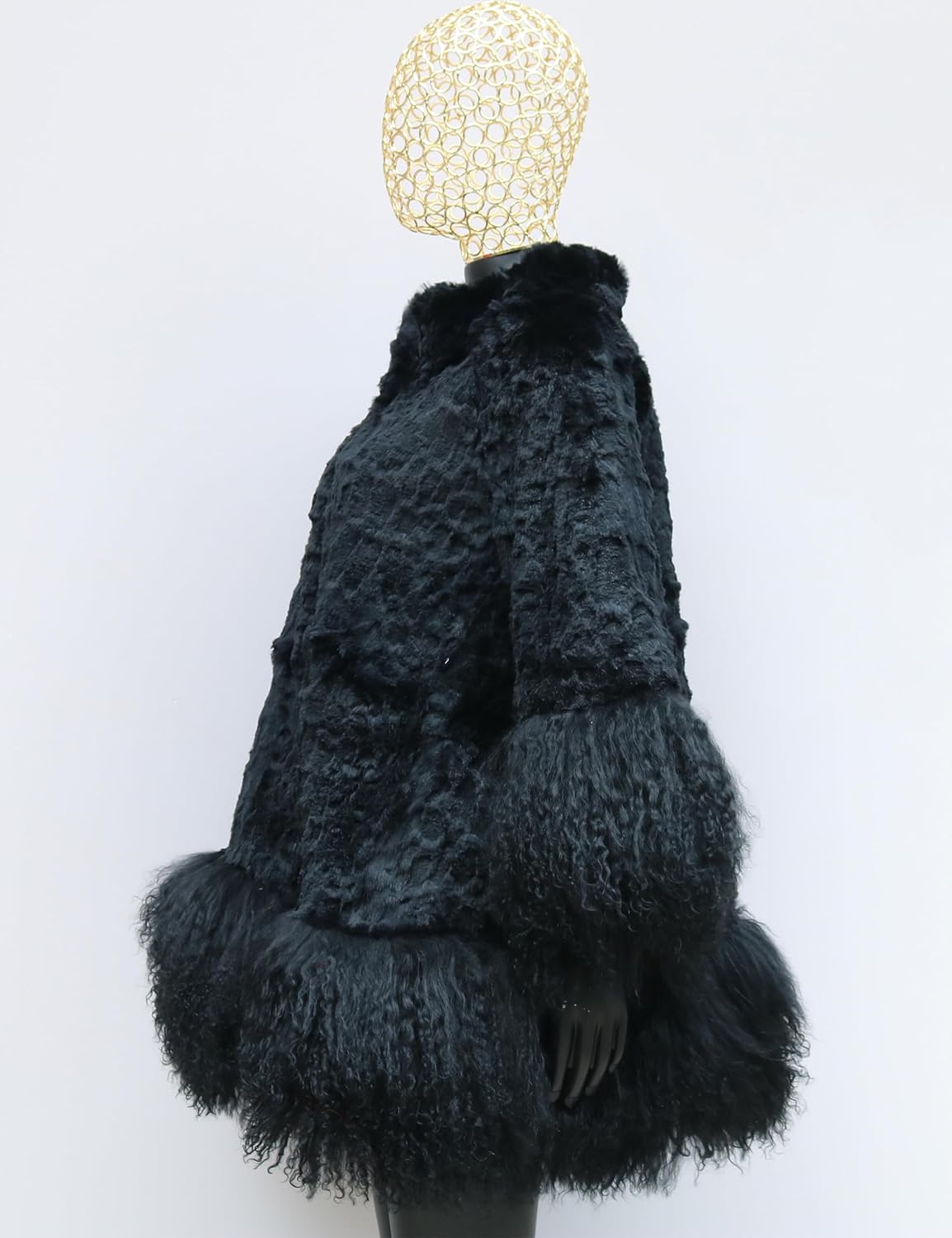 Women's Genuine Rabbit Fur Coat Real Mongolia Sheep Fur Sleeve and Hem Ladies Loose Outwear