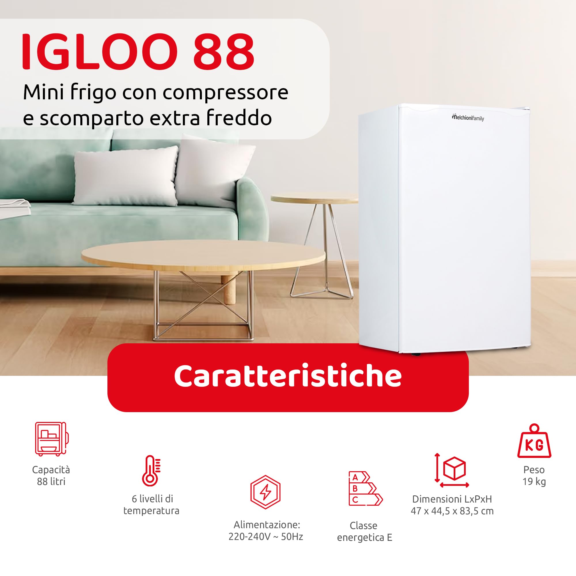 Melchioni Family IGLOO 88 mała lodówka z kompresorem i bardzo chłodną komorą, pojemność 88 l, kolor biały