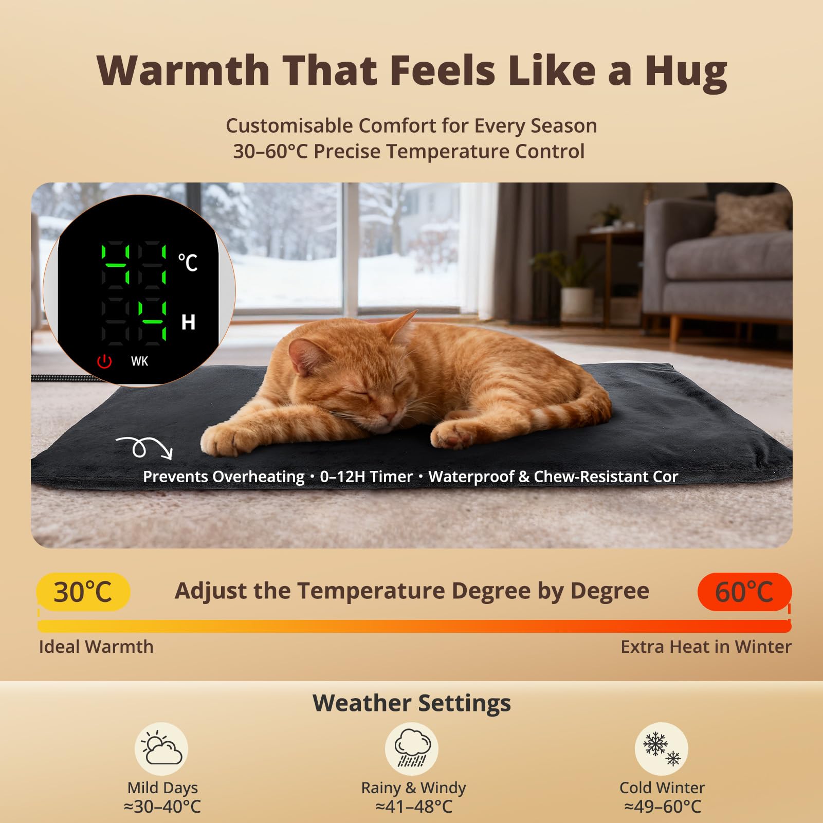 Tapis chauffant pour animal domestique 70 x 45 cm – Tapis chauffant électrique imperméable pour chat et chien avec minuterie et contrôle de la température, cordon en acier anti-morsure