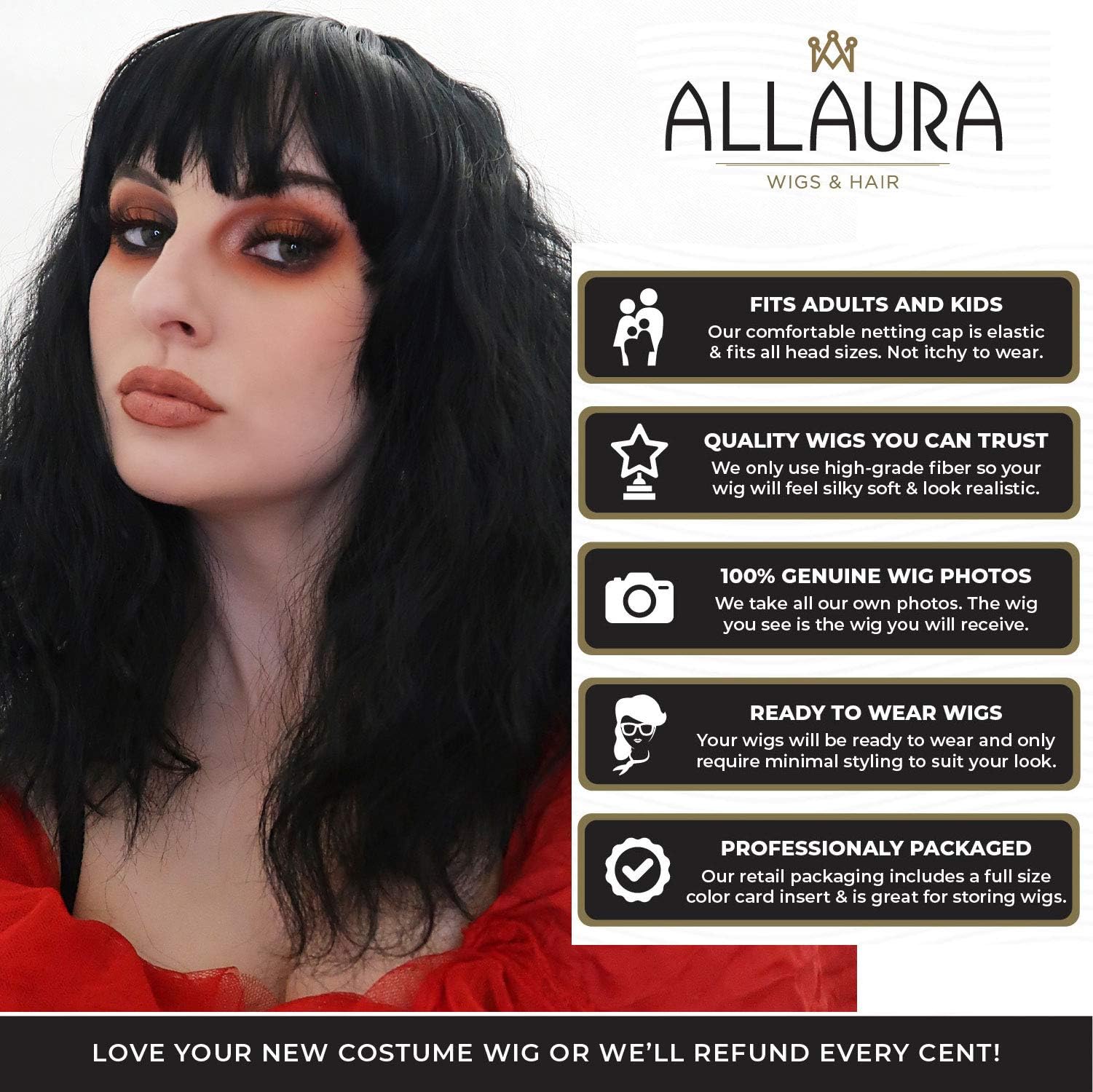 ALLAURA Wigs Beetle Bride Black Bob Wig ñ Lydia Wavy with Bangs for Gothic Witch Cosplay