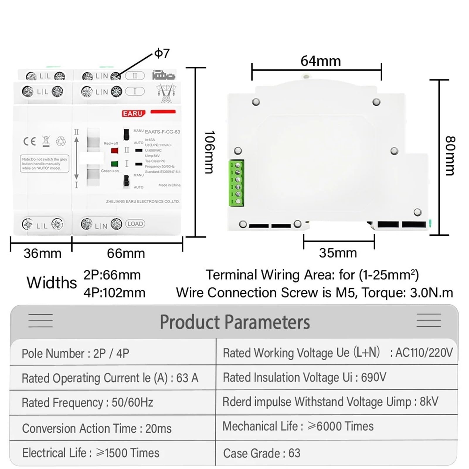 Rail 2P 4P 63A AC 220V AC 110V ATS PV Interruttore di trasferimento automatico a doppia alimentazione Interruttori di selezione elettrica Alimentazione ininterrotta