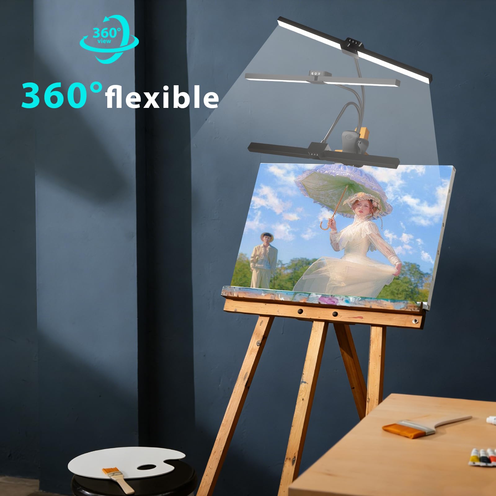 Lampe à Pince pour Chevalet Peinture Rechargeable, 64 LED, 4 Températures de Couleur 3 Niveaux de Luminosité, Lampe de Bureau Sans Fil Chevalet pour Artiste Peinture, Dessin, Contrôle Tactile