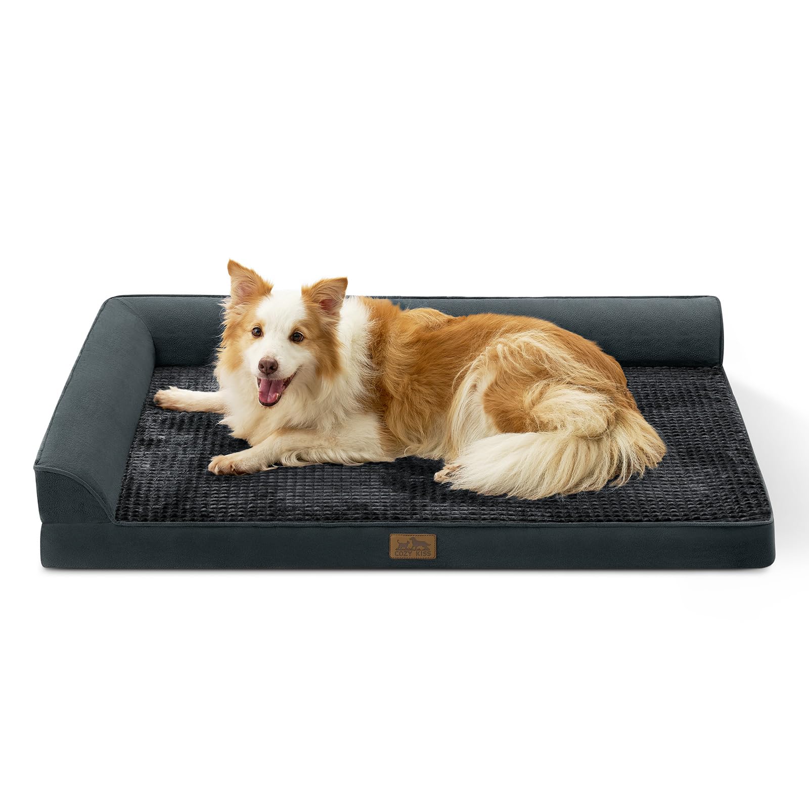COZY KISS Orthopedic Dog Bed, Pet Sofa for Medium or Large Dog, Big Supportive Foam Bolster Couch with Waterproof Lining Cover, Anti-Slip, Washable, L-Shaped, 44x32x7 inch, Black