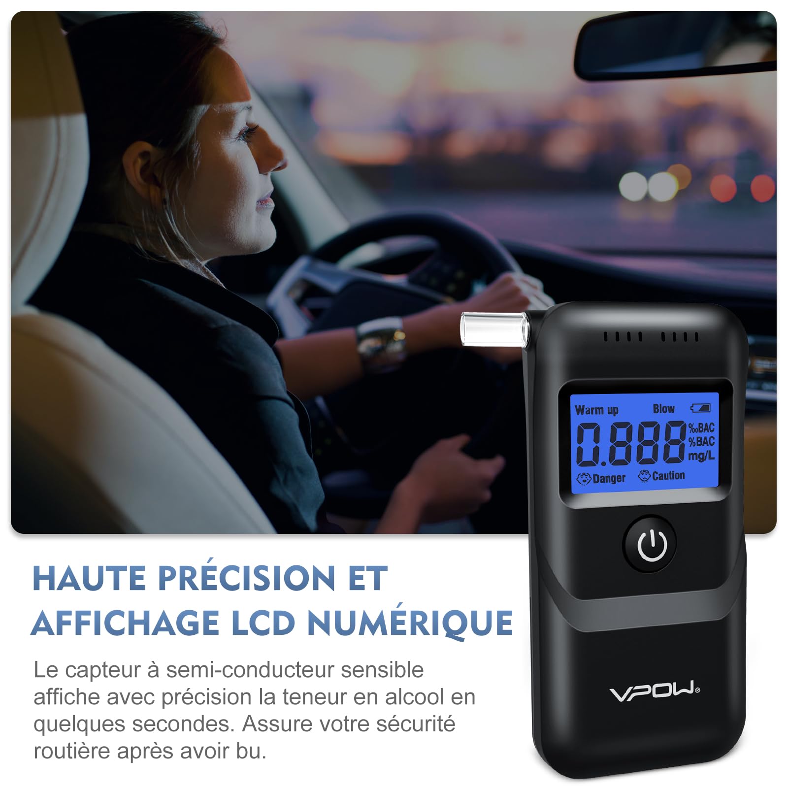 VPOW Ethylotest, Éthylotest Electronique avec Affichage Numérique LCD Bleu, Précision de Qualité, Alcootest Électronique Personnel pour Usage Domestique et Professionnel - Noir foncé