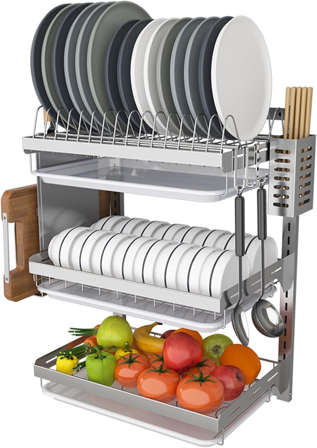 2/3-Tier Stainless Steel Wall Mounted with Hooks, Chopsticks Cage, and Knife Holder - Kitchen Supplies Shelf Utensils Organizer Rack