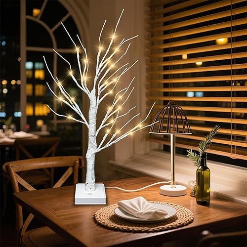 Miniatura 4 de Árbol artificial para decoraciones de Navidad, 2 pies, 24 luces LED de color blanco cálido, árbol de abedul con luz blanca cálida, lámpara de árbol