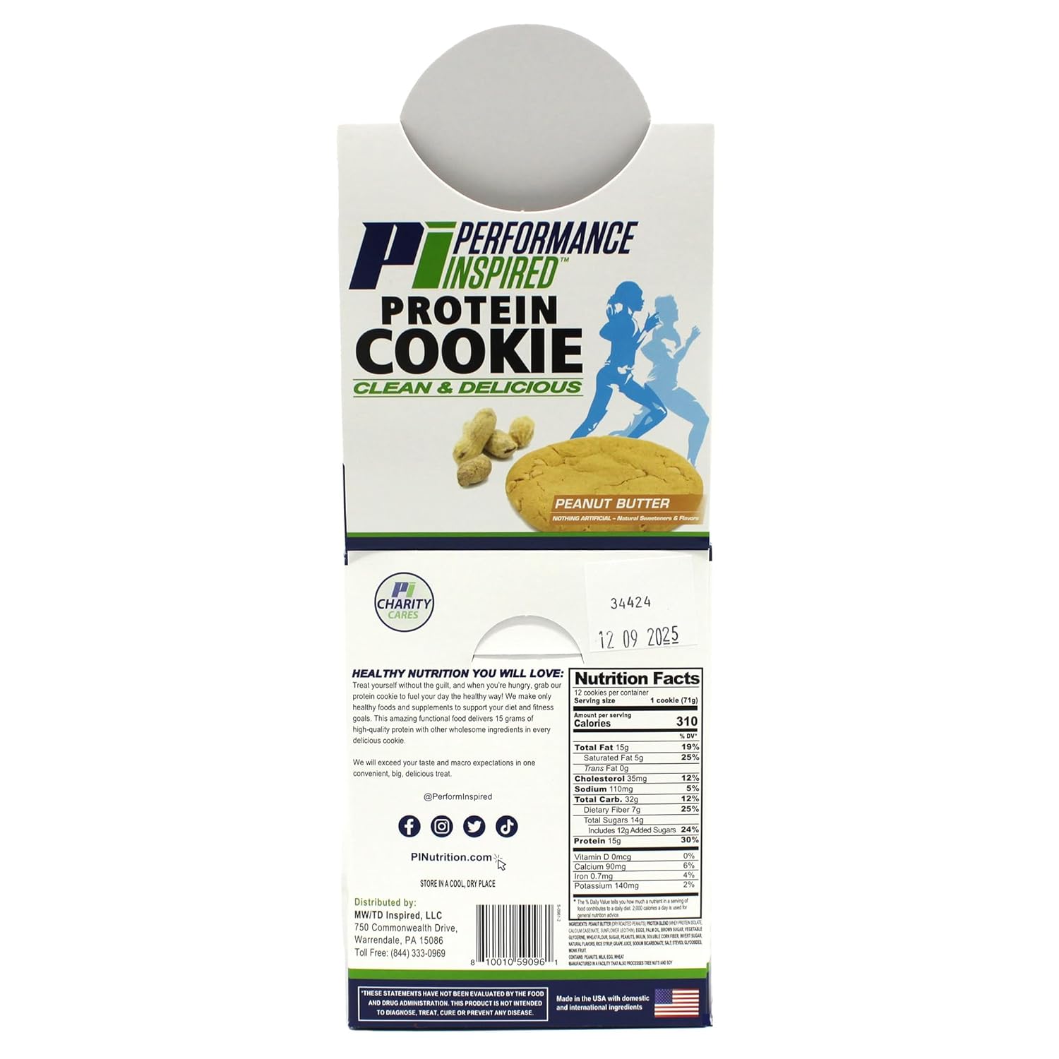 Performance Inspired Nutrition Protein Cookie - Contains: 15G Isolate Protein - 7G Of Fiber - All Natural - Guilt Free - No Artificial Ingredients - Peanut Butter Flavor - 12 Count