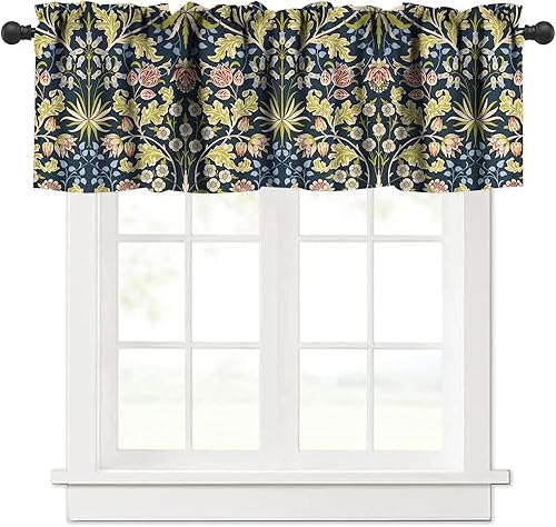 Miniatura 1 de William Morris - Cortina de ventana con diseño floral bohemio, diseño de pájaros y fresas, para decoración de ventana del hogar, cocina, cafetería,