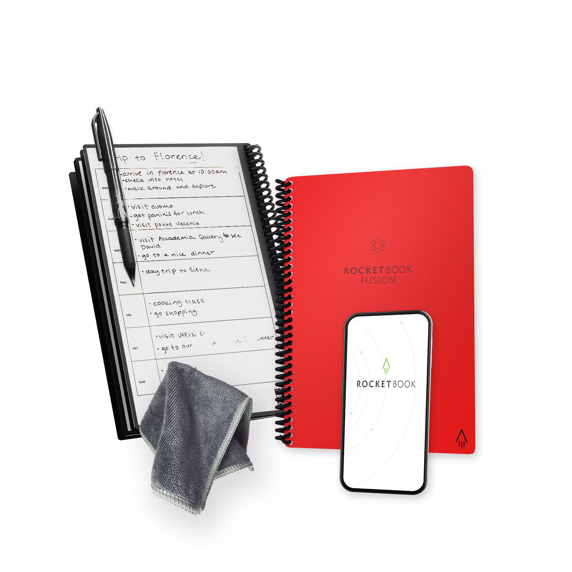 Rocketbook Fusion Smart Reusable Notebook - Calendar, To-Do Lists, and Note Template Pages with 1 Pilot Frixion Pen & 1 Microfiber Cloth Included - Atomic Red Cover, Executive Size (6" x 8.8")