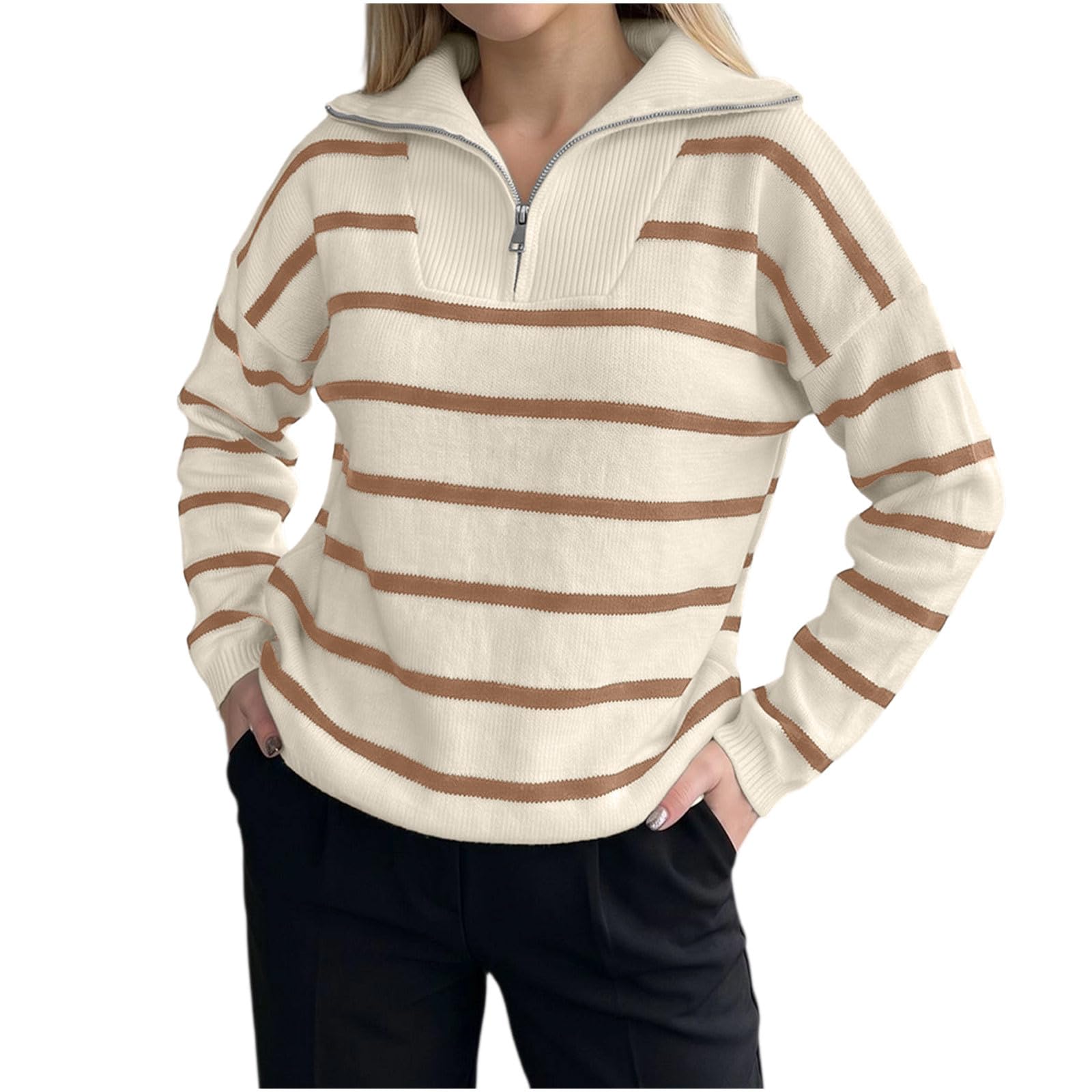 Strickpullover Damen Gestreifter Winterpullover Oversize Langarmshirt