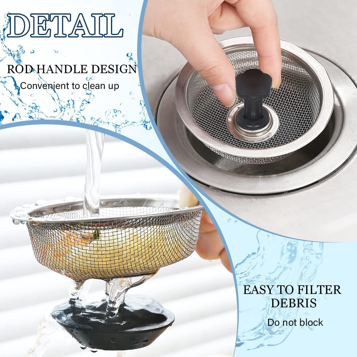 2 Pcs Kitchen Sink Strainer with Handle and Stopper Replacement Kitchen Sink Drain Basket/Stopper/Covers/Plug 3.3 Inch Diameter Stainless Steel Sink Drain Strainer Mesh Sifter Filter(Black)