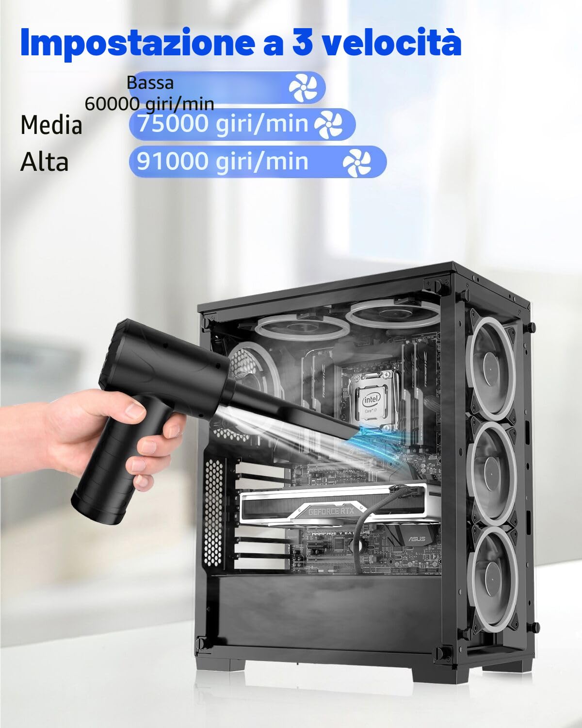 Soffiatore elettrico ad aria compressa, 3 velocità, 91000 giri/min, ricaricabile tramite USB, set di pulizia per PC, batteria da 6000 mAh, per computer portatile, tastiera, auto, ufficio