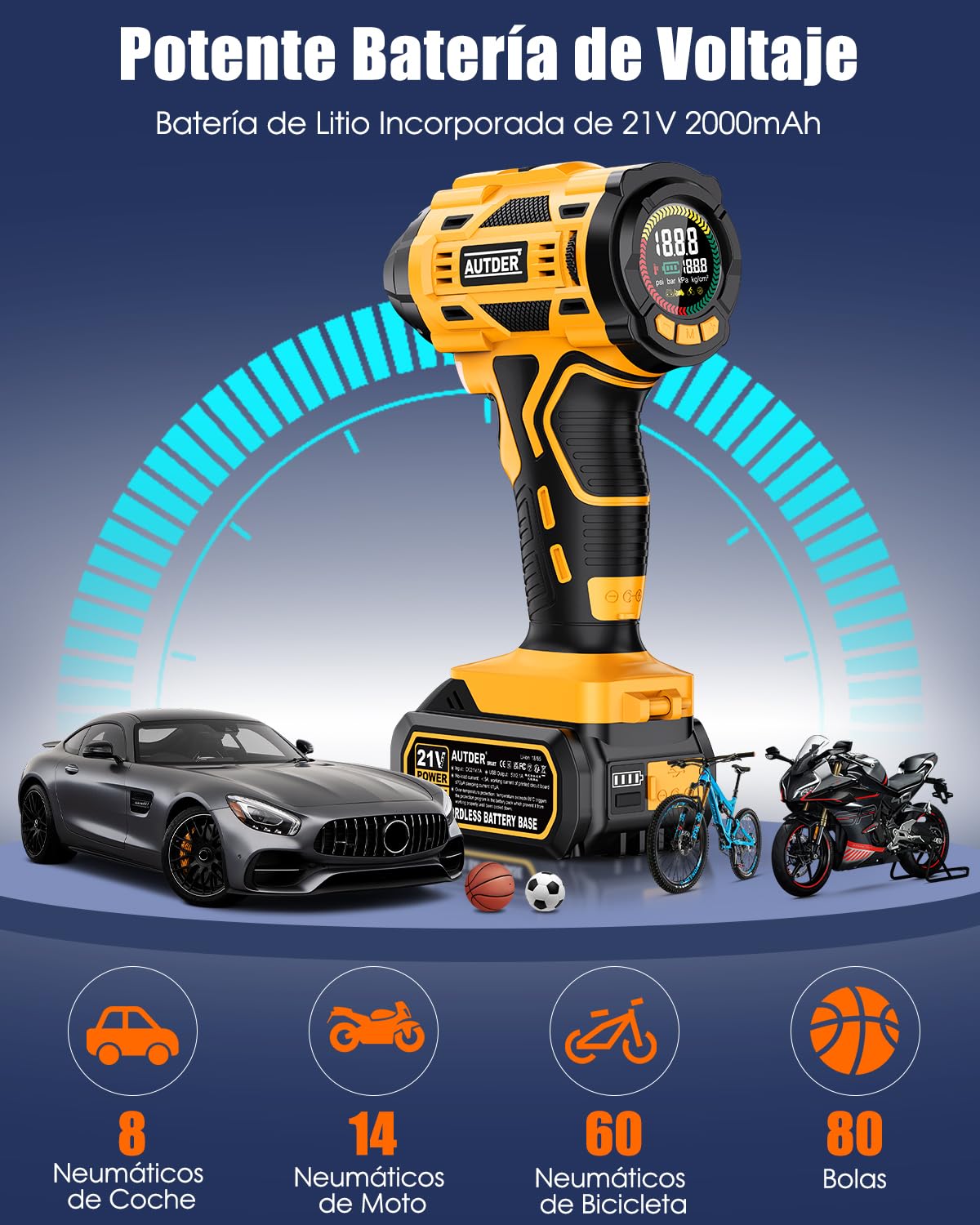 AUTDER Inflador Neumáticos 180PSI, Compresor Portátil Coches/Motos con Batería 21V Recargable 2000mAh, Autoapagado, Luz LED, Incluye Funda Impermeable, Amarillo Negro