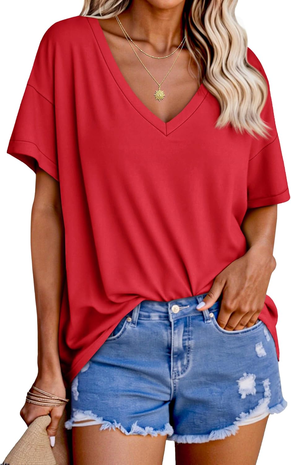 Tankaneo Womens Oversized Tshirts V Neck Short Sleeve Tops Summer Casual Loose Fit Tunic Tee Shirts