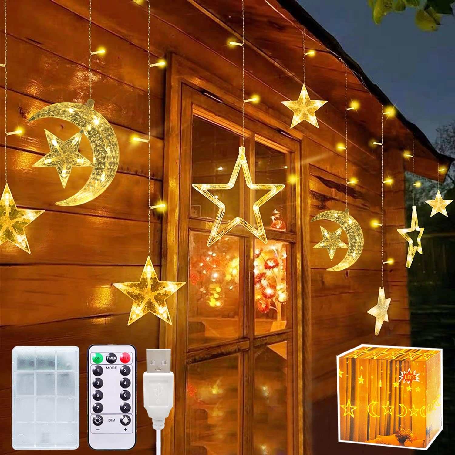 Yoawllty Ramadan Decorations for Home, 138 LED Ramadan Lights, Moon Star Ramadan Lights Hanging for Home Decoration Warm White