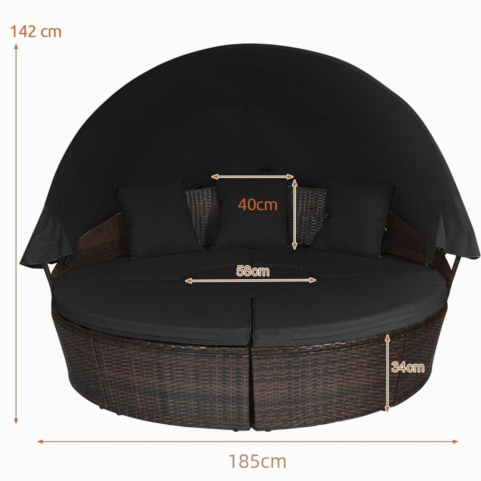LIFEZEAL Transat Jardin Extérieur avec Coussin et 3 Oreillers, Bain de Soleil Rond avec Toit, Table Basse Réglable en Hauteur, Canapé-lit, Charge 360kg, Chaise Longue pour Piscine, Terrasse (Noir)