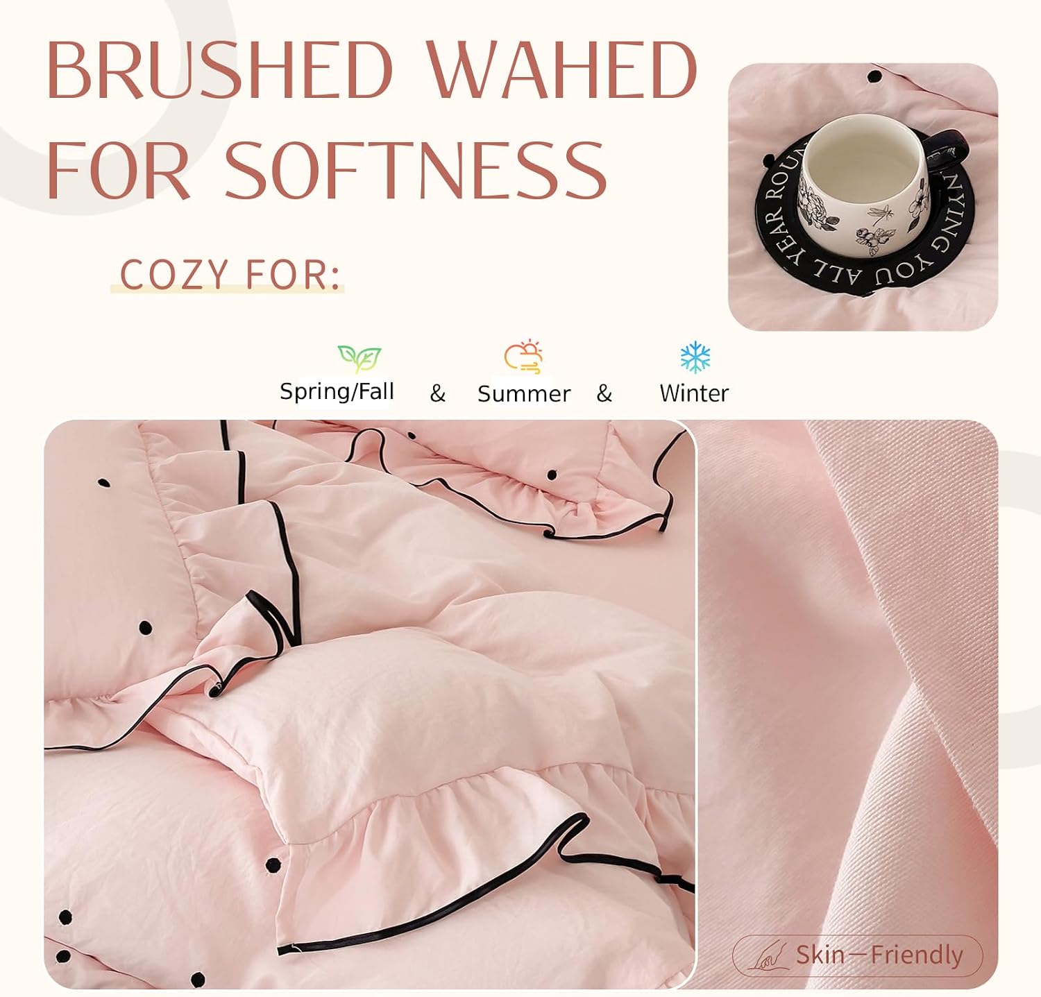 Duvet Cover Queen Size Pink Polka Dot,1 Duvet Cover with 2 Pillowcases,Cute Comforter Cover with Ruffles,3 Pcs Embroidery Aesthetic Coquette Bedding Set for Women Girls 90"×90" image 4