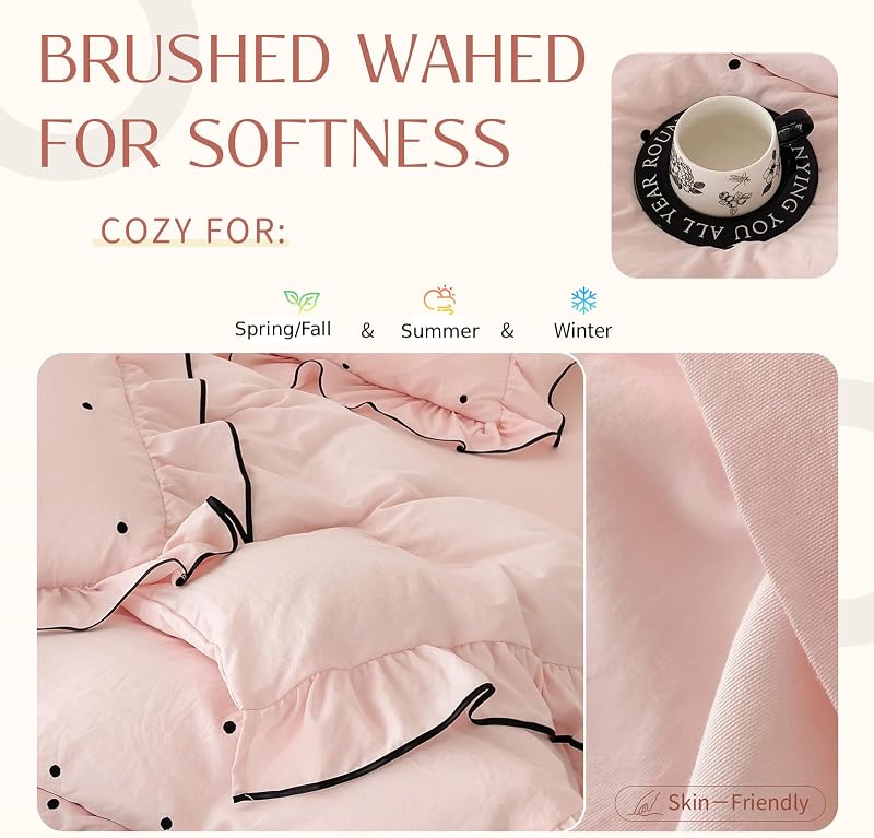 AMZTOP Duvet Cover Queen Size Pink Polka Dot,1 Duvet Cover with 2 Pillowcases,Cute Comforter Cover with Ruffles,3 Pcs Embroidery Aesthetic Coquette Bedding Set for Women Girls 90"×90" image 4