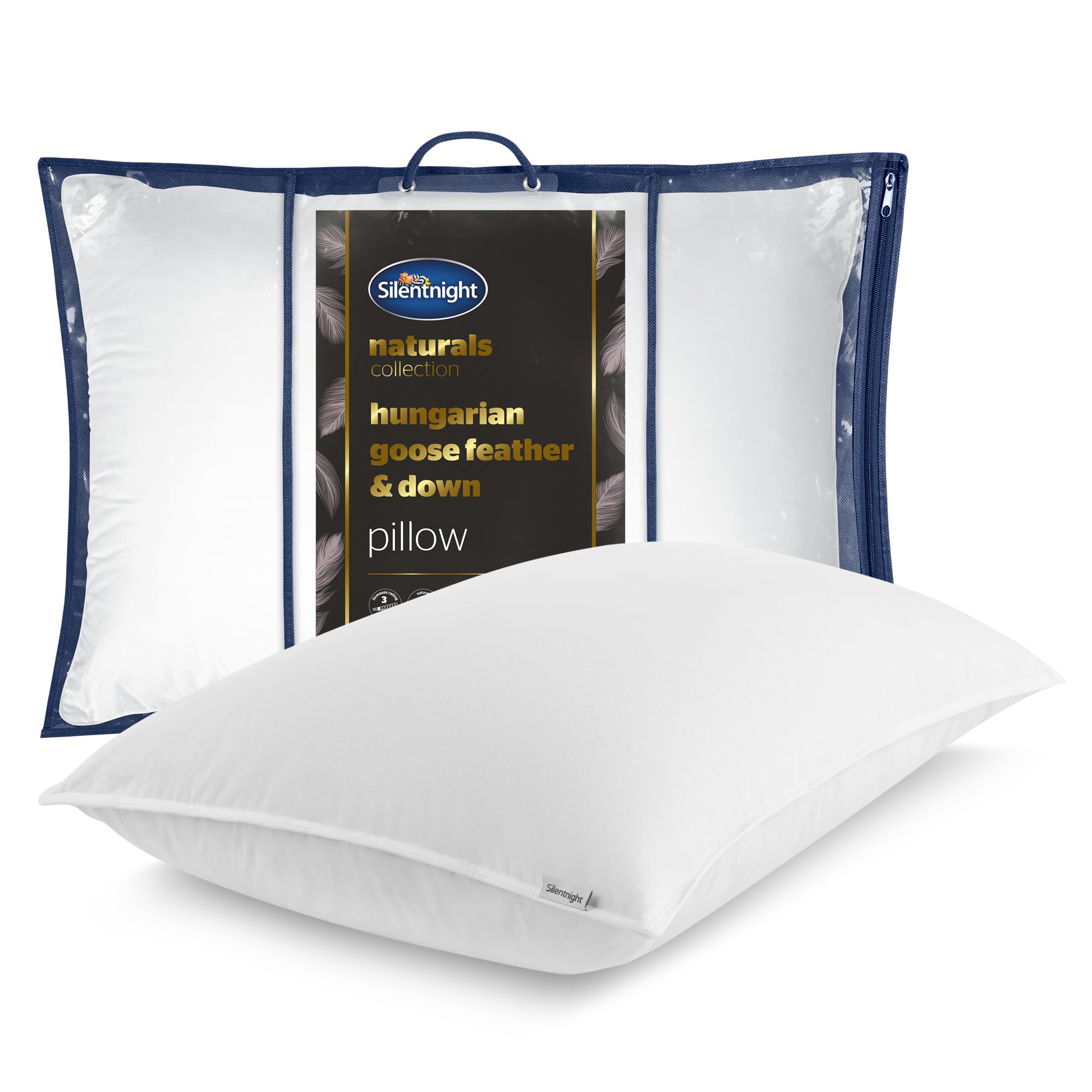 Silentnight Hungarian Goose Down Pillow - Hotel Quality Luxury Goose Feather and Down Pillow with Pure Cotton Cover, Soft Medium Support Ideal for Front and Back Sleepers - Machine Washable