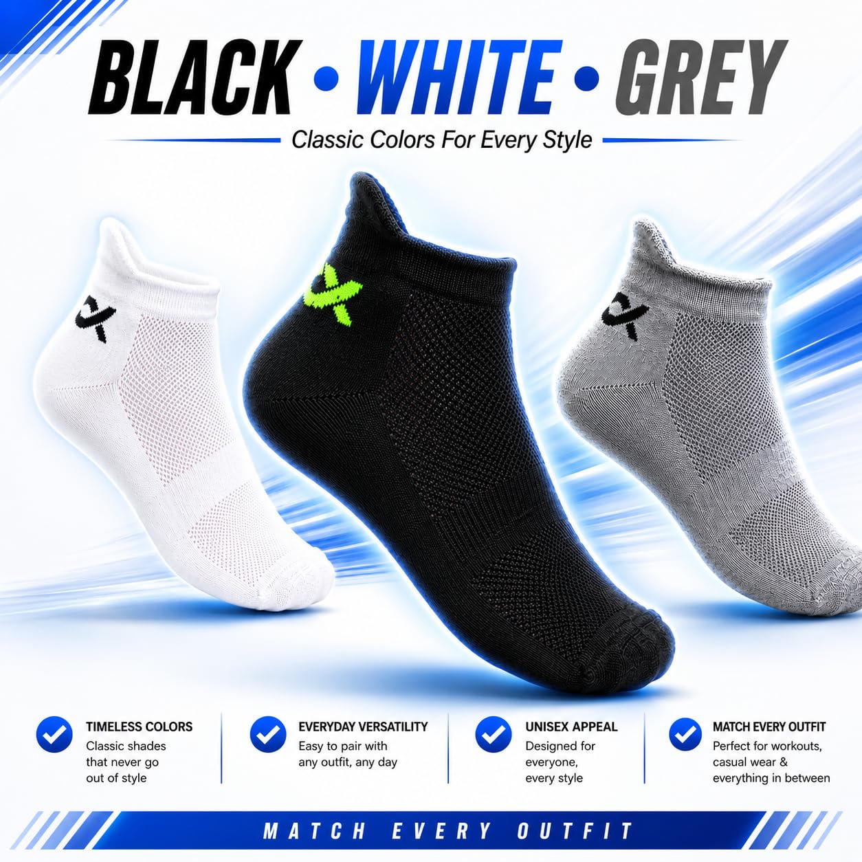 XJARVIS® RIO Unisex Cotton Ankle Socks – Top-Notch Quality, Breathable & Odor-Free Sneaker Socks for Running, Gym, Sports & Daily Use | Athletic Socks | Pack of 9 (Black, White, Grey) 4