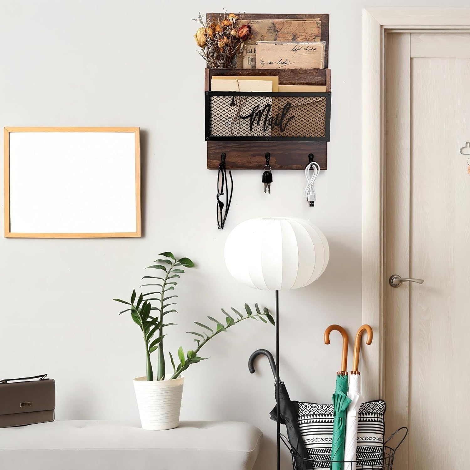 Yalikop Farmhouse Mail Organizer Wall Mounted Rustic Mail Holder Hanging Key Sorter with 3 Hooks Indoor Wooden Wall Mounted, Letter, Magazines, Newspapers, Keys(Classics,Brown)