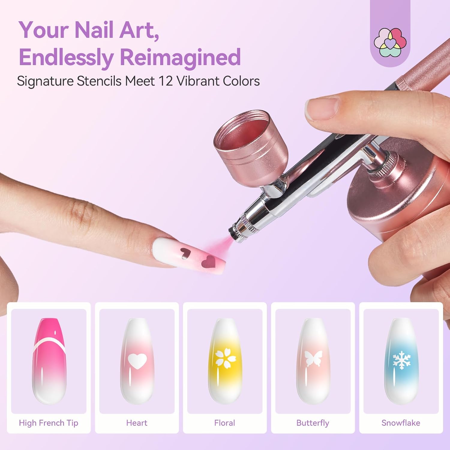 SAVILAND All-in-1 Airbrush Gel Nail Polish Kit: Dilution-Free Airbrush Paint for Nails Non-Acetone 12 Colors Airbrush Gel Polish with Airbrush Cleaner Stencils French Ombre Blush Nail Art Beauty