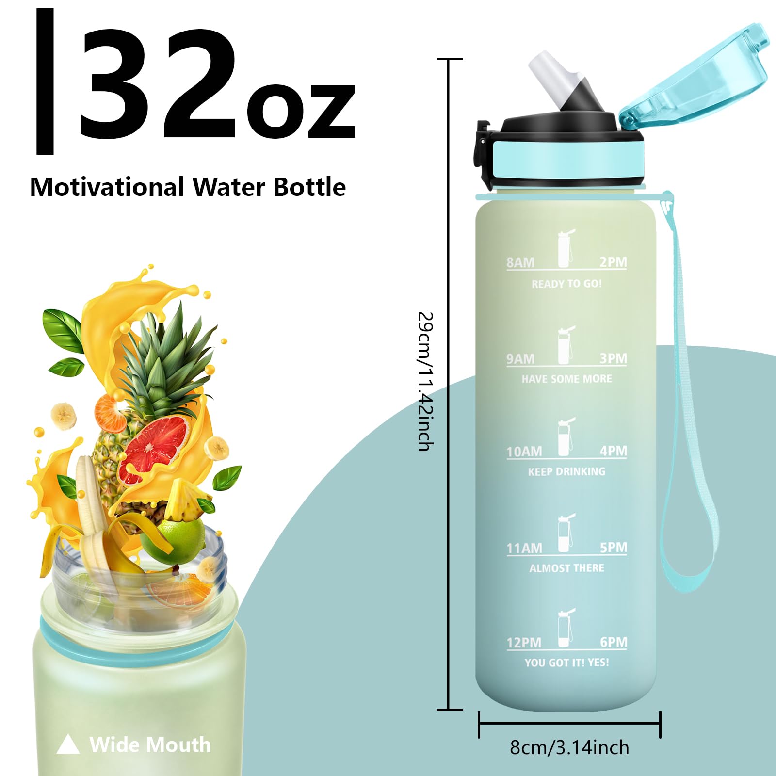 Grsta Borraccia 1 litro, Borraccie Palestra con Cannuccia, Borracce Motivazionale, A Prova di Perdite Bottiglia con Indicatore del Tempo per Ciclismo, Ufficio, Lavoro