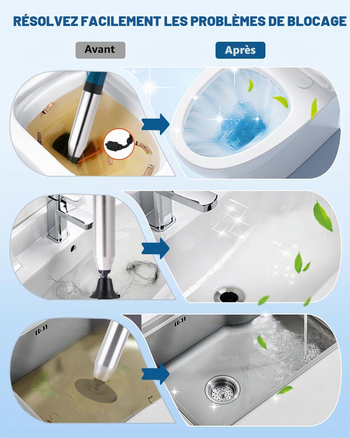 YUCHENGTECH Deboucheur WC Puissant Deboucheur Toilette Haute Pression Pompe Deboucheur Canalisation 4 in 1 Deboucheur WC pour Déboucher les Toilettes/Lavabo/Baignoire/Drain de Sol