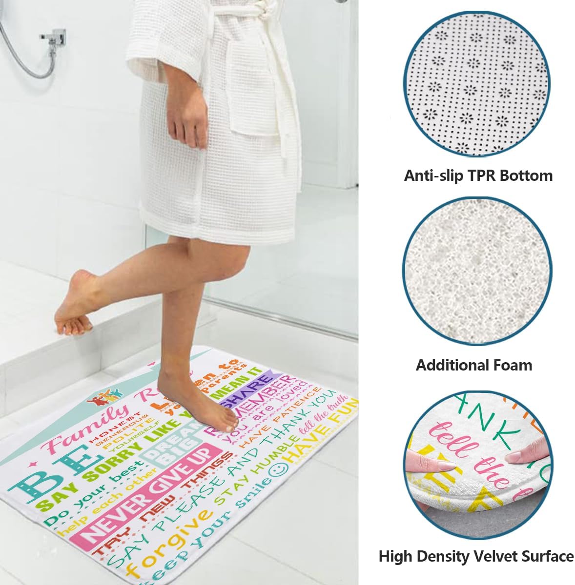 AAtter 4 Piece Kids Shower Curtain Set Girly Girls Boys Teen Toddler Inspirational 60Wx72L Inch Decor with Non-Slip Rugs, Toilet Lid Cover and Bath Mat Bathroom Accessories Home Bathtub Set, Colorful