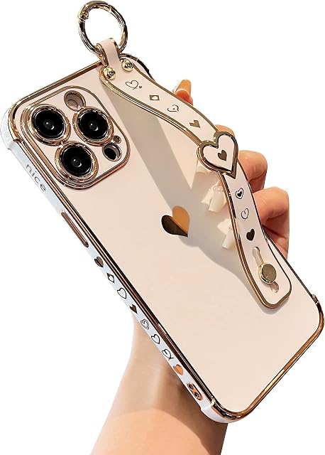 DEFBSC for iPhone 15 Pro Max Case with Wrist Strap, Cute Side Love Heart Plating Edge Phone Case with Heart Pattern Wristband Finger Holder Stand Soft TPU Bumper Shockproof Protective Case - White