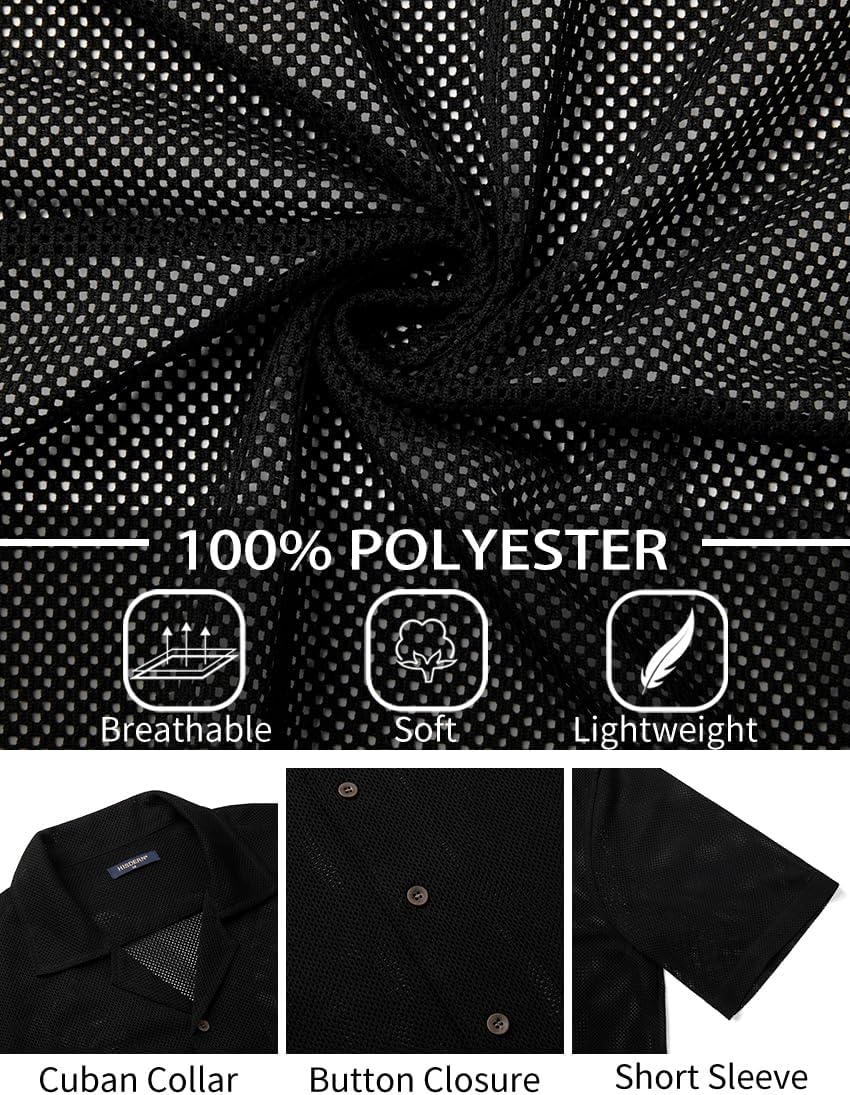 HISDERN Mens Summer Beach Shirts Casual See Through Sheer Lace Shirt Short Sleeve Button Down Mesh Shirt for Men - Image 4