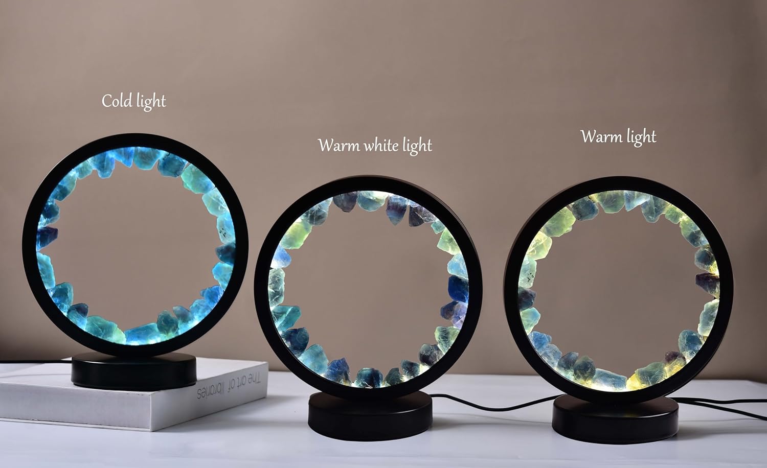 AMOYSTONE Natural Blue Fluorite Crystal Lamp, USB Powered 3-Color Adjustable Rock Night Light 7.5", Bedside Meditation Lamp for Bedroom Office Home Zen Decor