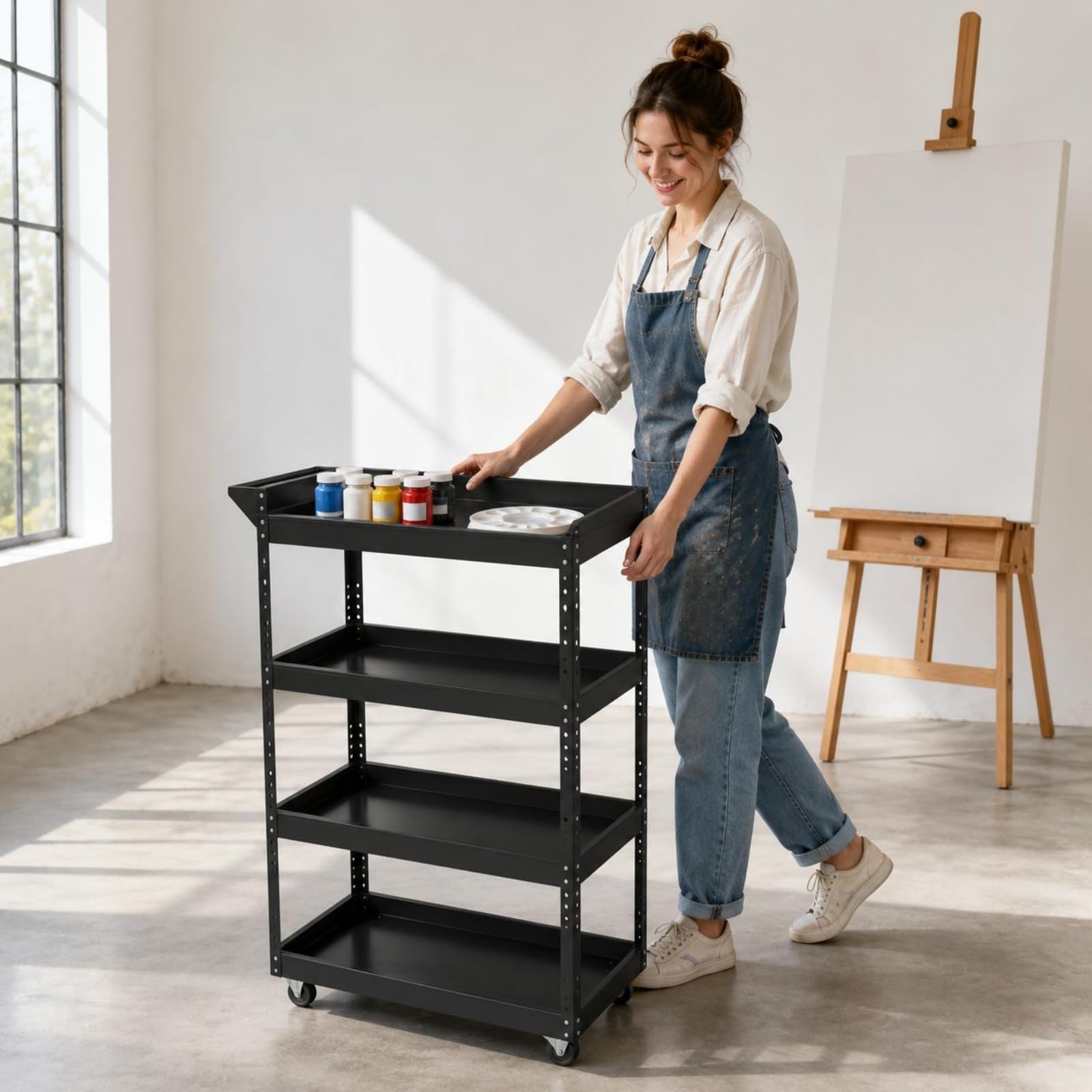 Art Material Cart Rollwagen Aufbewahrungswagen Regalwagen Etagenwagen mit Vier Ablageflächen Und Rand Stabiles Metall mit Offener Konstruktion Bewegt Sich Sanft für Werkstatt Lager Haushalt